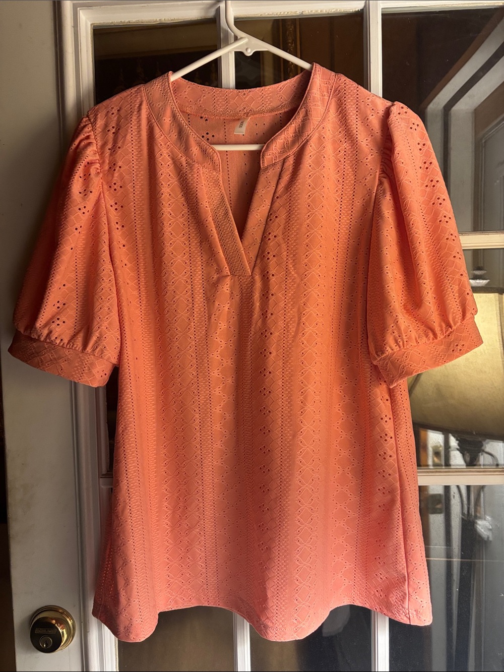 Eyelet Split-Neck Puff Sleeve Tunic Top - Coral